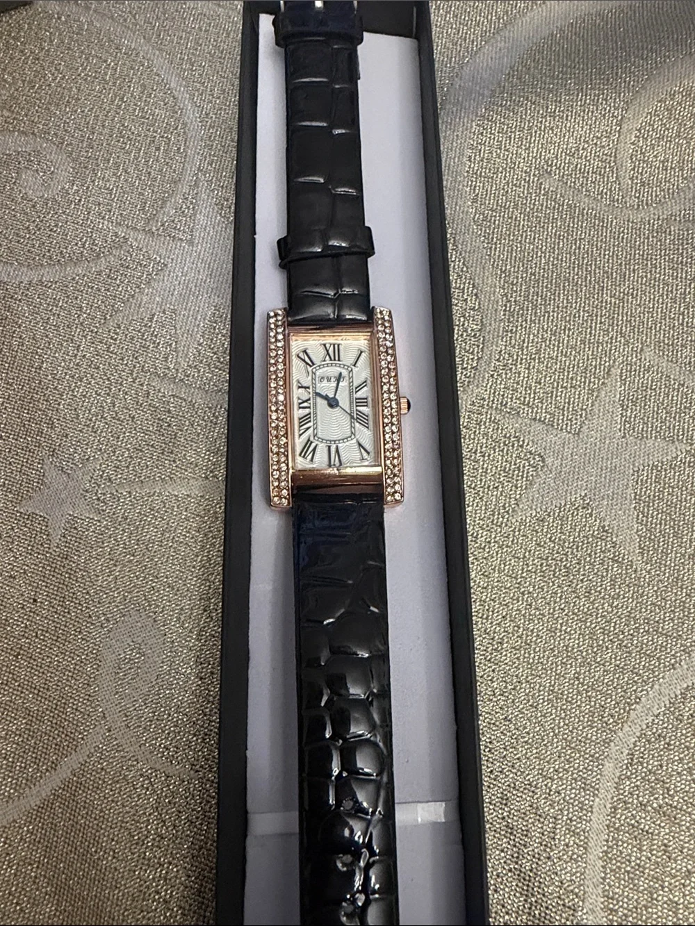 XOXO Rose Gold-Tone Crystal Rectangular Watch with Black Strap
